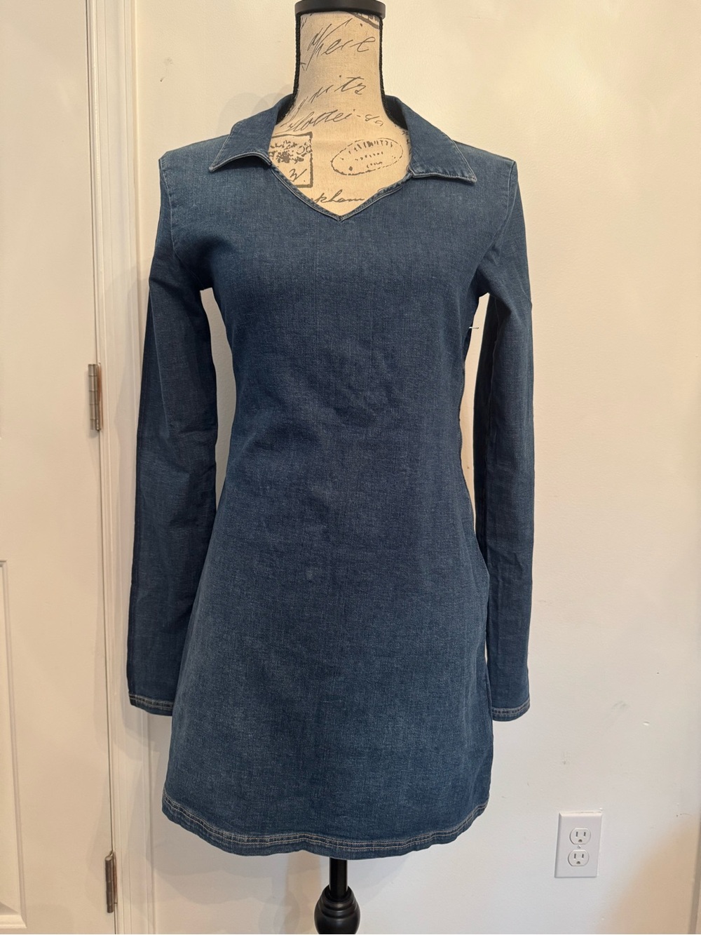 Denim Long-Sleeve V-Neck Dress